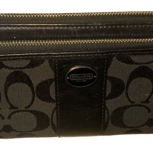 Coach Black Signature Canvas and Leather Zip Around Wallet